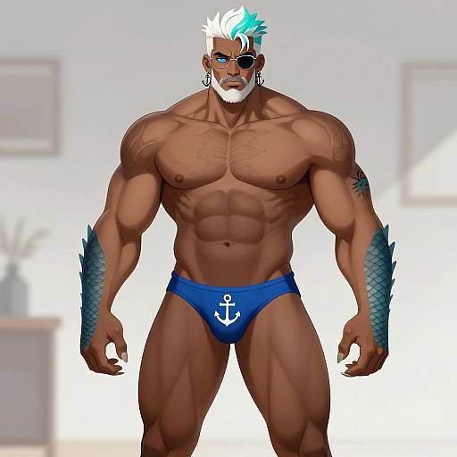 Muscular, tan-skinned man with blue-tipped white hair, eyepatch, and blue briefs with anchor symbol, wearing fish-scale arm