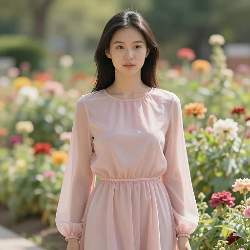 Young Woman in Pink Dress in Flower Garden