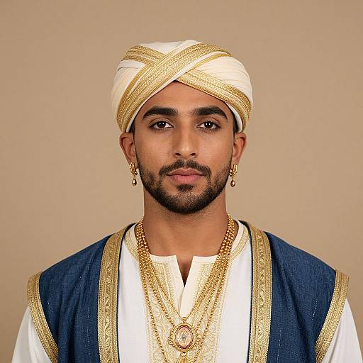 Photograph of a young South Asian man with medium brown skin, dark eyes, trimmed beard, wearing a white turban with gold trim, gold earrings