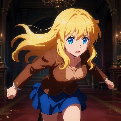 Anime-style digital illustration of a blonde, blue-eyed girl with long hair, wearing a brown top and blue skirt, running fearfully in a dark,