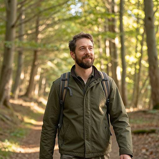 Bearded Man Walking in Sunlit Forest