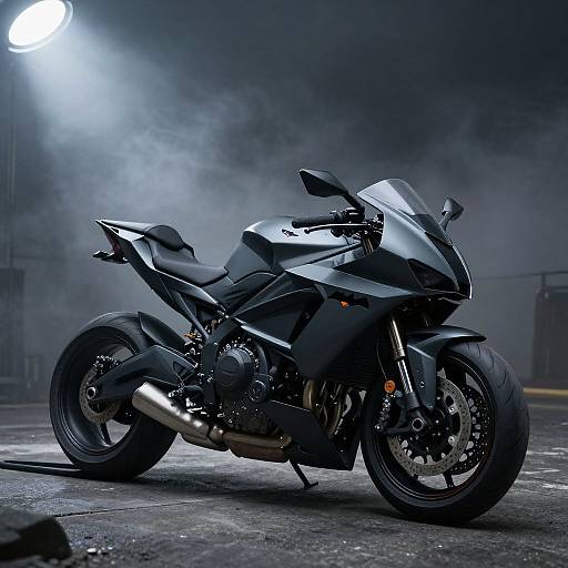 Photograph of a sleek, black sports motorcycle with silver exhaust, illuminated by a bright, white light in a misty, urban night setting.