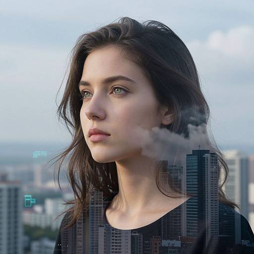 Photograph of a young woman with fair skin, green eyes, and wavy brown hair, standing in a cityscape with blurred skyscrapers,