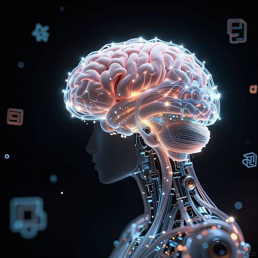 Digital CGI of a glowing, neon-lit human head with intricate neural circuits and cybernetic components against a dark, starry background.