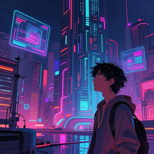 Neon-lit cyberpunk cityscape with a young man in a hoodie and backpack, gazing at holographic screens in vibrant blue, pink,
