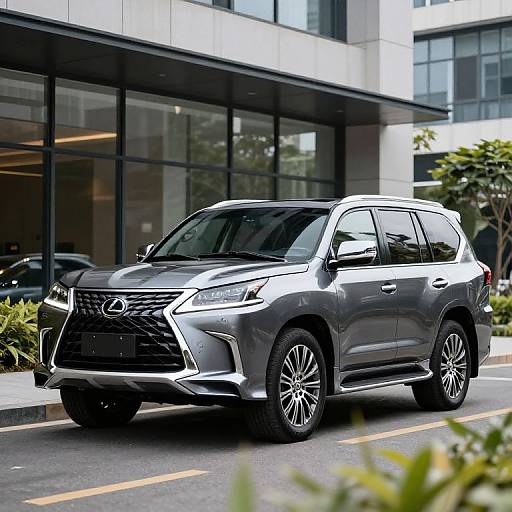 Photograph of a sleek, silver Hyundai SUV parked on a city street in front of a modern glass building with black-framed windows. Urban setting with