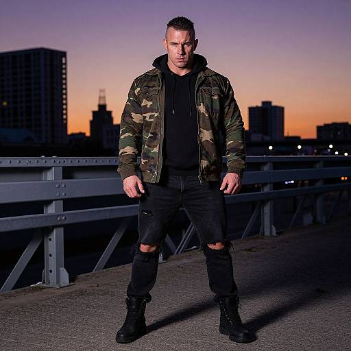 Photograph of a muscular man with short, spiked hair, wearing a camo jacket, black hoodie, ripped jeans, and boots, standing on a