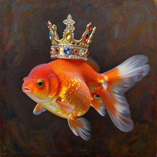 Photorealistic digital artwork of an orange goldfish wearing a jeweled, ornate crown, floating against a dark, textured background.