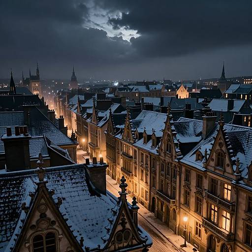 Aerial photograph of a snow-covered, Gothic-style city at night, illuminated by warm streetlights, with a dark, cloudy sky and visible moon overhead