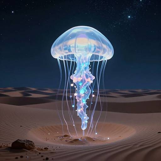 Photorealistic CGI of a glowing jellyfish with translucent dome and trailing tentacles, floating over a starlit desert dune.