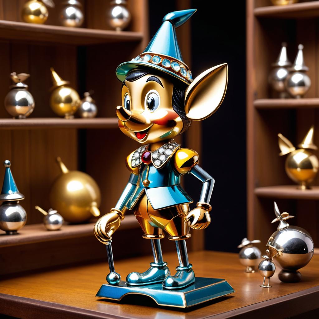 Whimsical Metal Pinocchio in Toy Shop