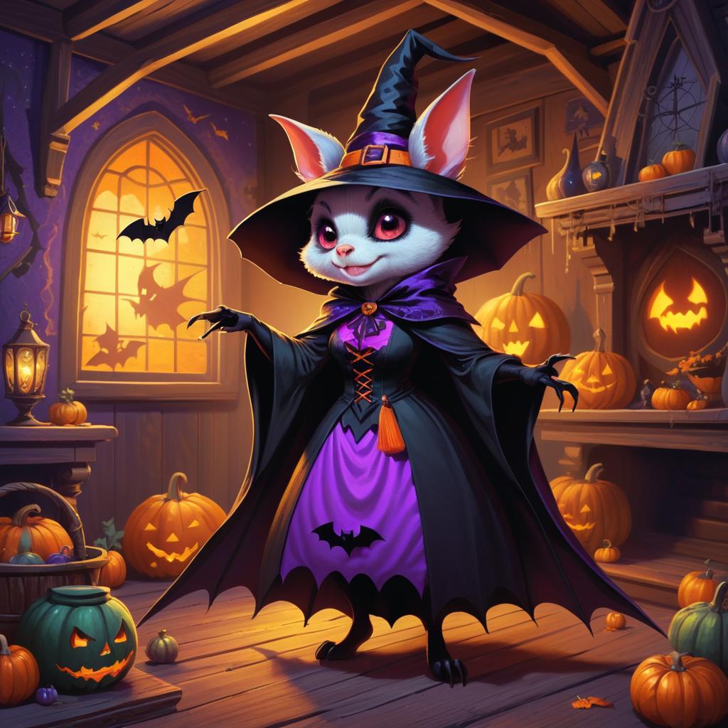 Vibrant Witch Bat in Haunted House Art