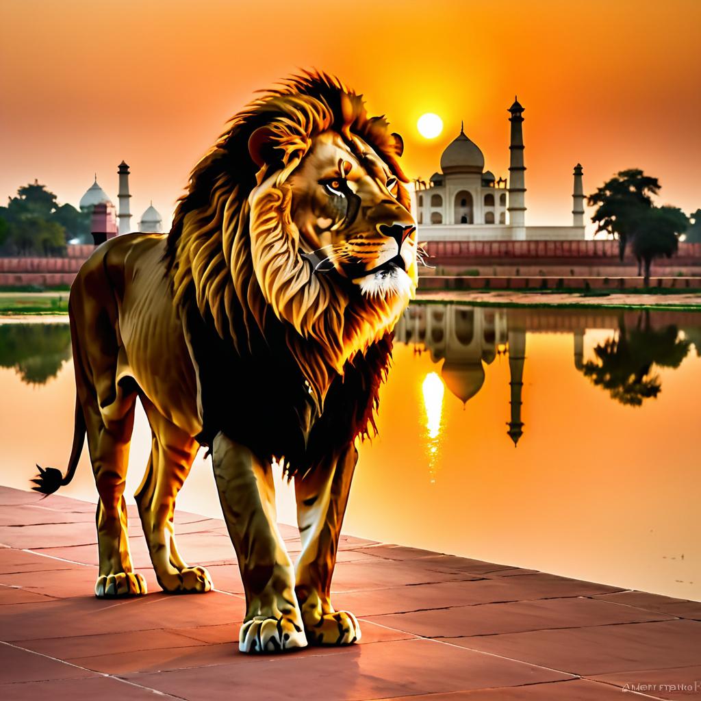 Majestic Lion at Sunset with Taj Mahal