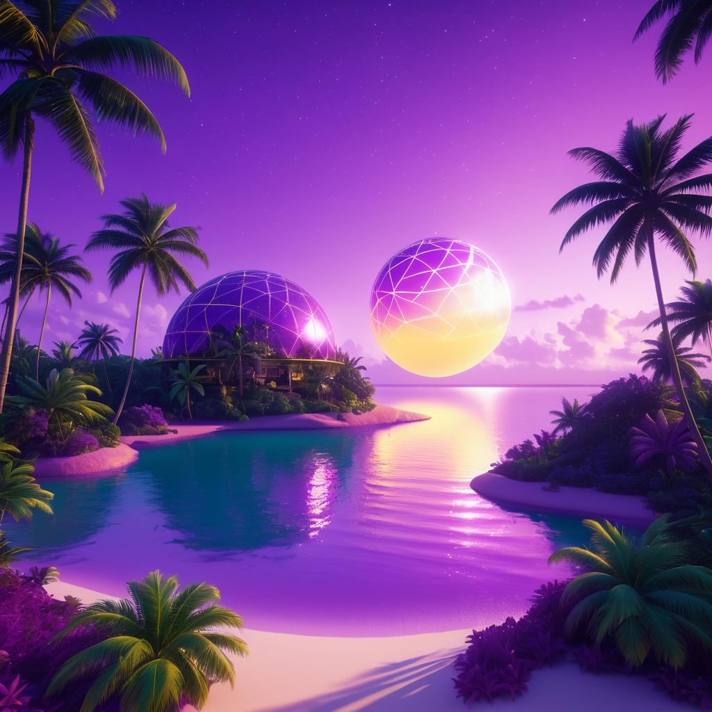 Utopian Island with Golden Orb and Purple Sky