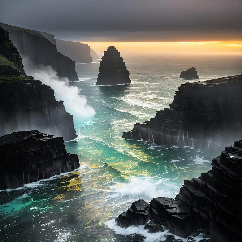 Vibrant Misty Sea Stacks at Dusk