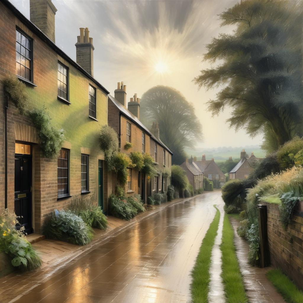 Serene Village Street Under Rain