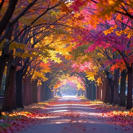 Photograph of a vibrant autumn pathway lined with trees, their leaves in fiery reds, oranges, and purples, casting colorful shadows on the ground