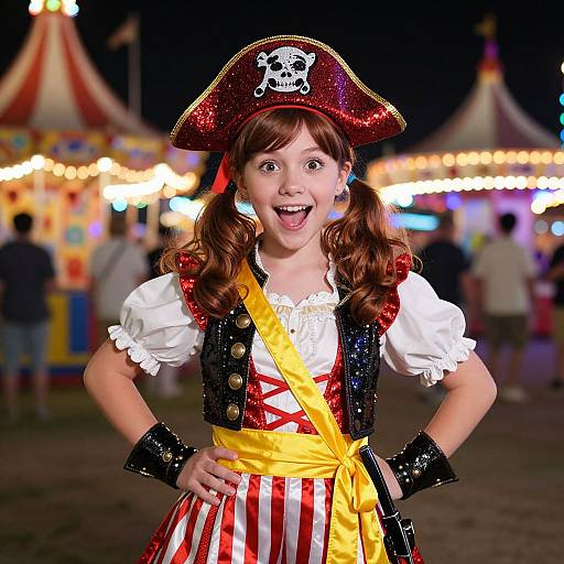 Photograph of a young girl with fair skin, brown hair in pigtails, wearing a pirate costume, wide-eyed smile, at a nighttime carnival