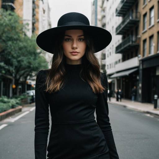 Woman in Black Dress and Hat on City Street