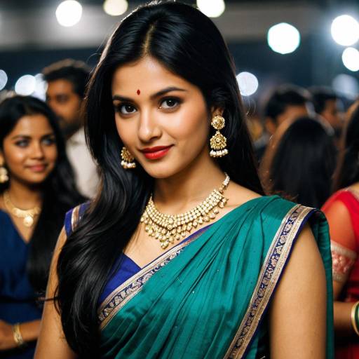 Indian Woman in Green Saree at Party