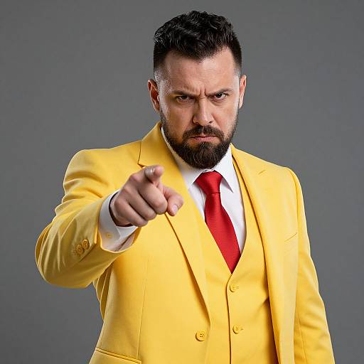 Photograph of a bearded man with dark hair, wearing a bright yellow suit, white shirt, and red tie, pointing directly at the camera with