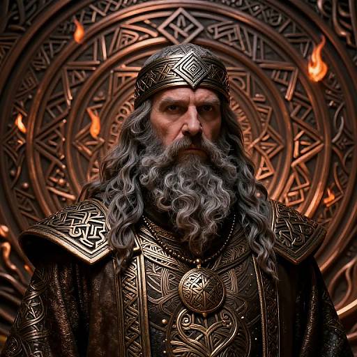 Photorealistic digital artwork of a stern, bearded old man with long gray hair, wearing ornate, medieval-style black armor and headpiece,