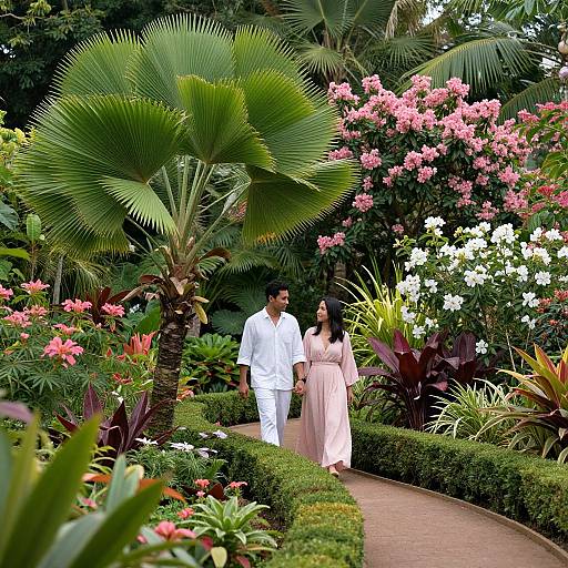 Photograph of a man in a white shirt and pants, and a woman in a pink dress, walking hand-in-hand through a lush, colorful garden