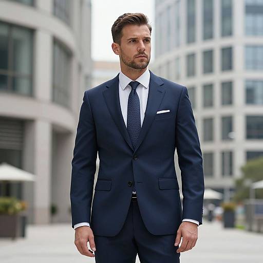 Photograph of a handsome, bearded man in a sharp, dark blue suit, white shirt, and black tie, standing in a modern urban street
