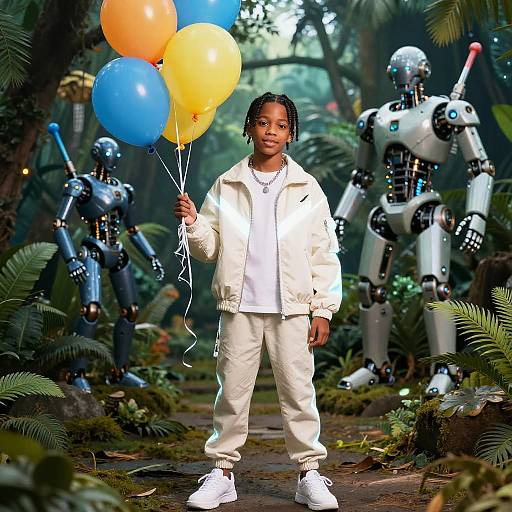 Photograph of a young Black boy in white jacket and pants, holding yellow and blue balloons, standing in a lush, jungle-like setting with two humanoid