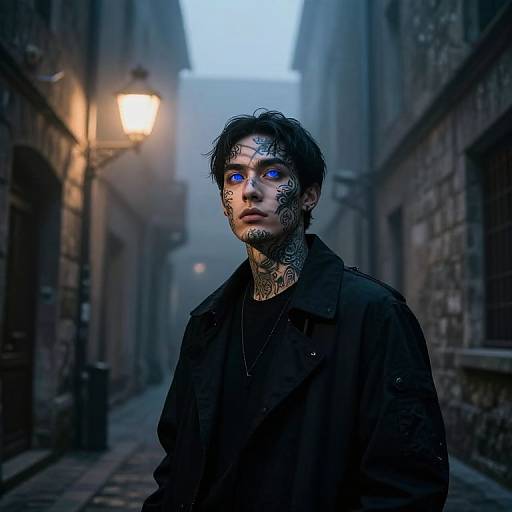 Gothic alleyway photograph of a tattooed man with blue eyes, black hair, and dark clothes, illuminated by a streetlamp.