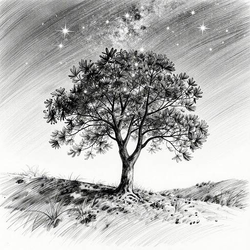 Black-and-white ink drawing of a solitary tree with star-filled night sky, detailed branches, and grassy hillside, creating a serene, mystical atmosphere