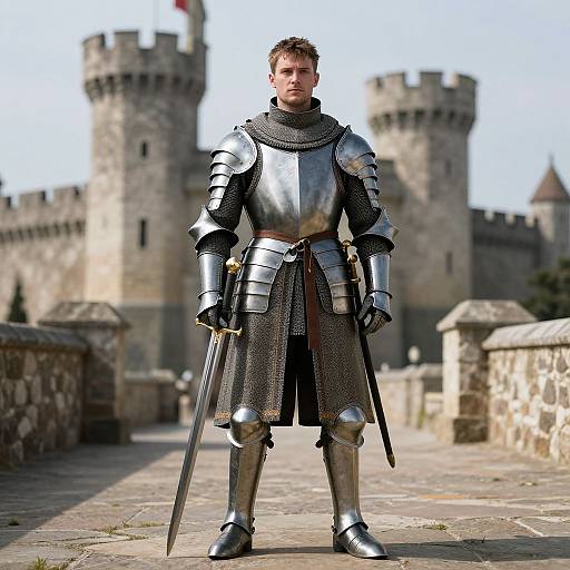 Photorealistic CGI of a serious, armored knight with short brown hair, standing with sword in hand, in front of a medieval castle.