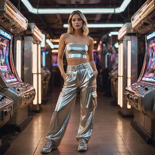 Woman in Metallic Silver Outfit at Neon Arcade