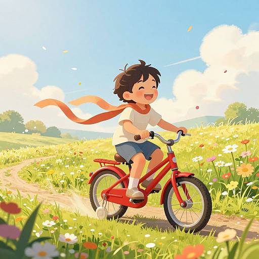 Digital illustration of a joyful, young boy with dark hair, wearing a white shirt, blue shorts, and red scarf, riding a red bicycle through a