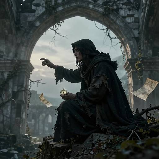 Photograph-like digital artwork of a tattered, hooded figure in a ruined, vine-covered archway, pointing at a glowing orb, amidst debris