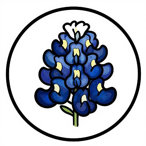Digital drawing of a vibrant blue flower with yellow centers, outlined in black, within a circular frame on a white background.