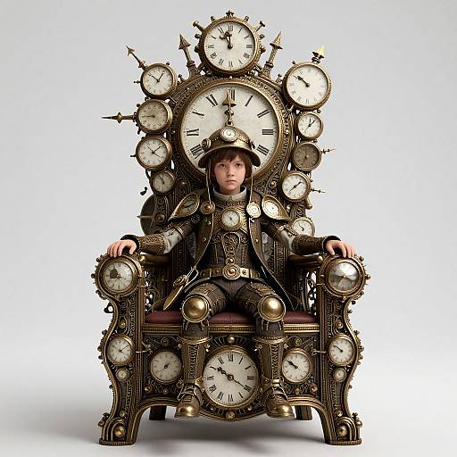 Photograph of a young boy in steampunk attire, seated on an elaborate, clock-covered throne with numerous clocks on arms and back.