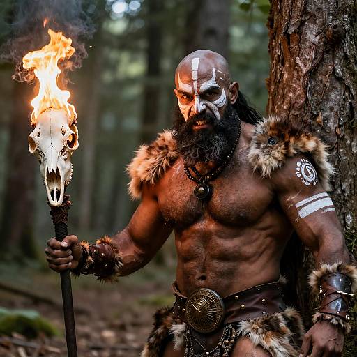 Intense Tribal Warrior in Dark Forest