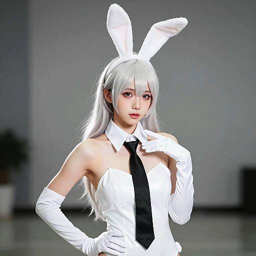 Woman in White Bunny Costume with Black Tie