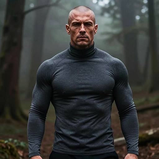Muscular Bald Man in Misty Forest