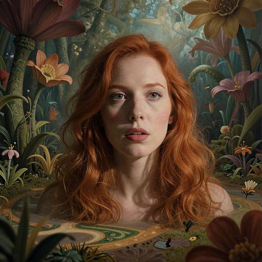 Photorealistic digital art of a red-haired woman with fair skin, blue eyes, and wavy hair, surrounded by vibrant, oversized flowers in a