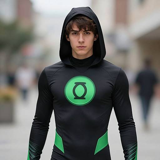 Photograph of a young man with fair skin, brown hair, wearing a black hooded superhero suit with a green emblem, standing in a blurred urban