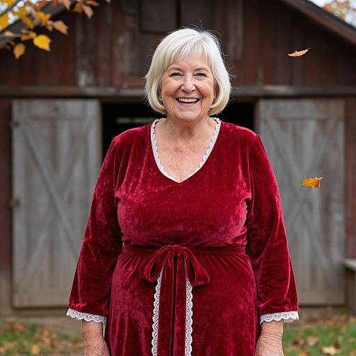 Photograph of an elderly woman with short white hair, smiling, wearing a red velvet dress with white lace trim, standing in front of a rustic wooden