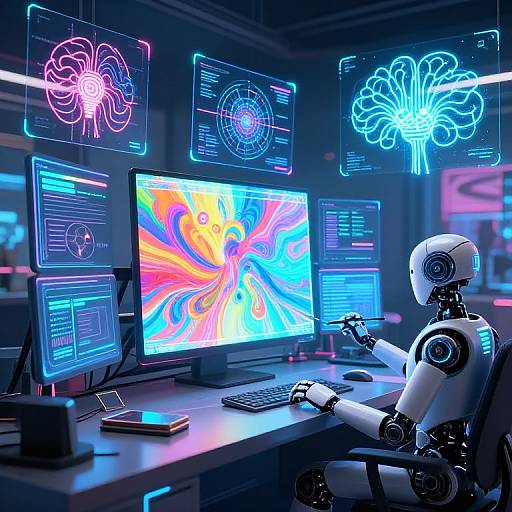 Cyberpunk-style CGI: Robotic figure with white head and mechanical arms works at neon-lit desk, surrounded by holographic screens displaying colorful abstract