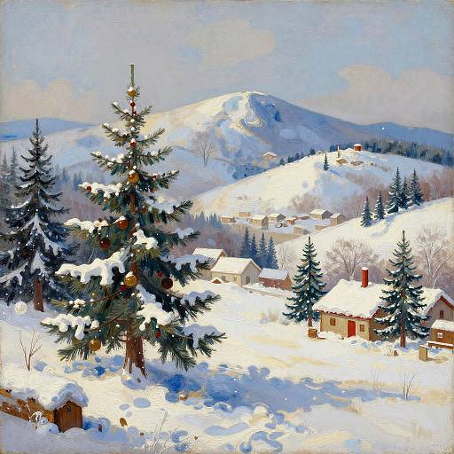 Christmas Snowy Hills Traditional Painting