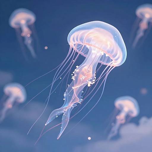 Photograph of glowing, translucent jellyfish with white-tipped tentacles floating gracefully in a deep blue ocean, surrounded by blurred, similarly glowing jellyfish