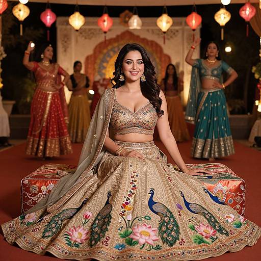Photograph of a smiling Indian woman in a gold embroidered lehenga with peacock and flower designs, seated center stage, surrounded by dancers in traditional attire