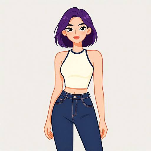 Digital anime-style illustration of a purple-haired woman with fair skin, wearing a white sleeveless crop top and high-waisted dark blue jeans, standing