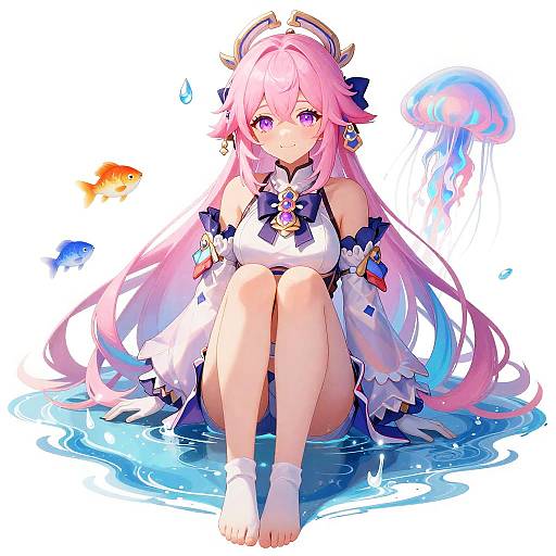 Realistic Kokomi Seated Water Portrait