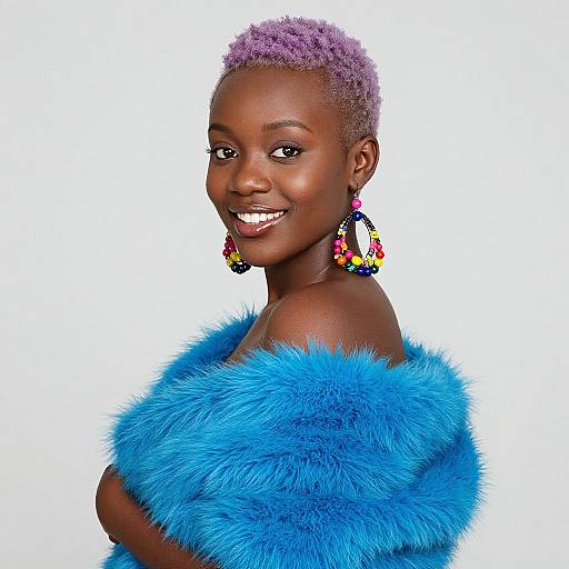 Photograph of a smiling black woman with purple-cropped hair, wearing vibrant blue fur off-shoulder top and colorful geometric earrings, against a white